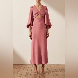 NEW Shona Joy Luxe Twist Front Baloon Sleeve Midi Rose 14
